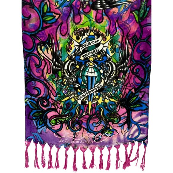 Christian Audigier x Ed Hardy Paisley Print Purple & Pink Fringed Hem Scarf - Picture 4 of 13
